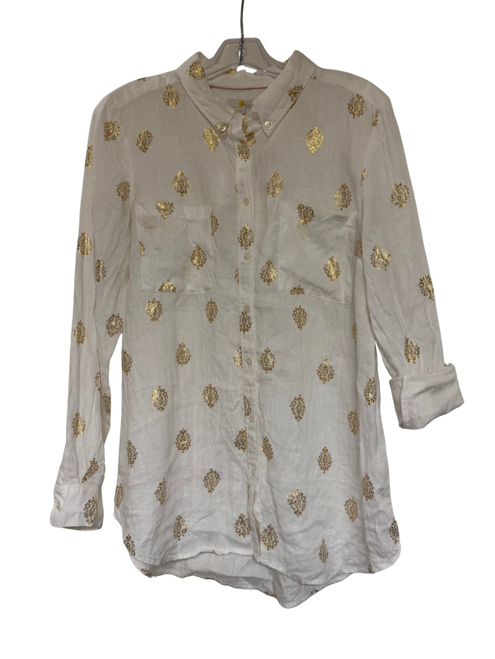 Boden 100% Linen White Gold Metallic Paisley Button Down Shirt Sz 8